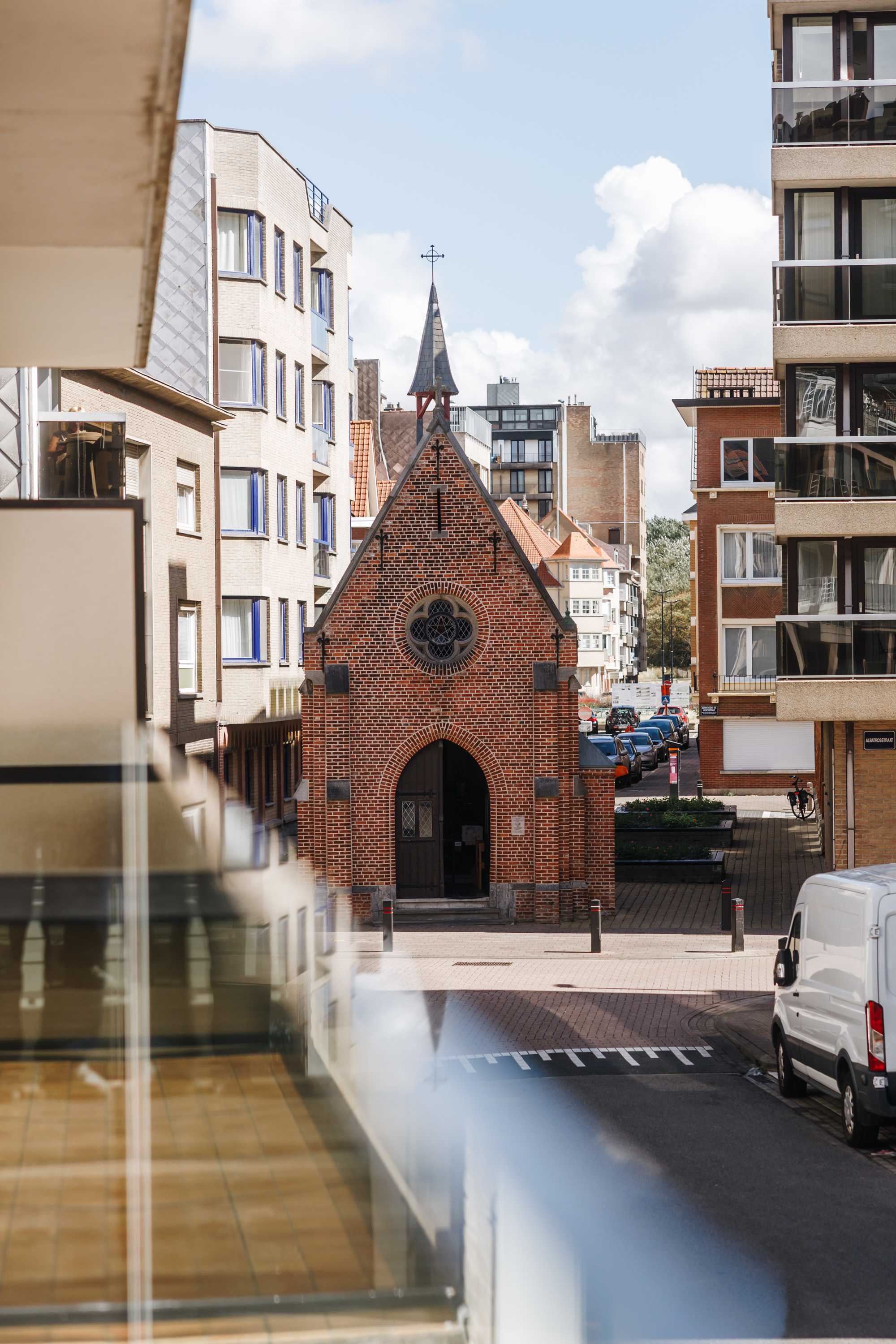 Brick chapel across the street.